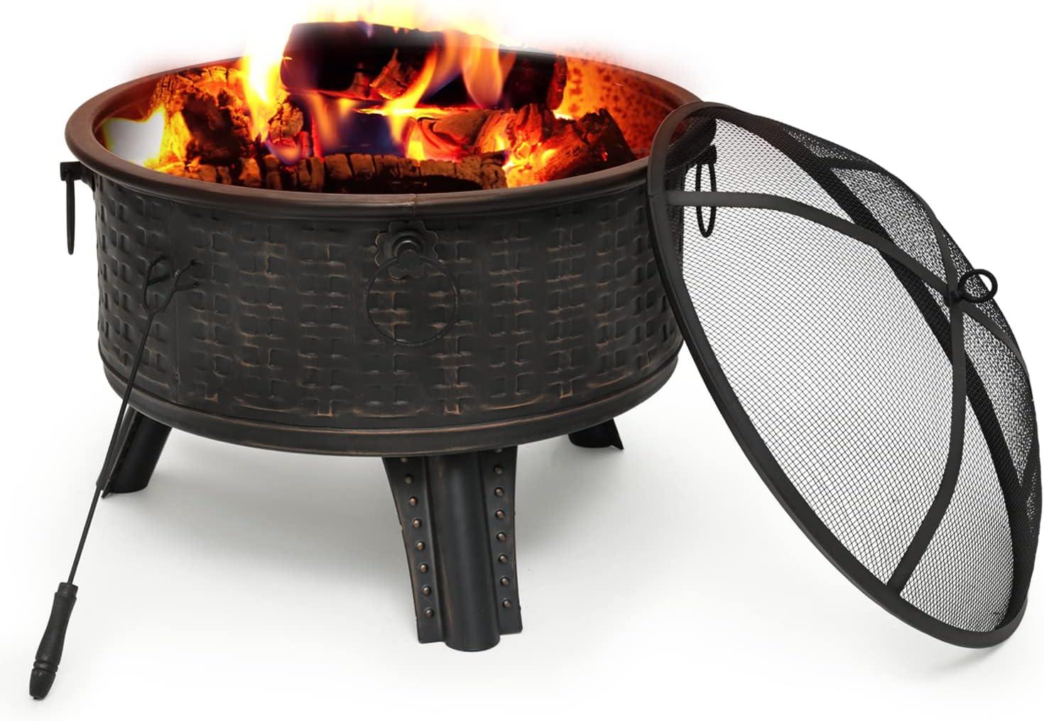 MoNiBloom 26" Outdoor Fire Pit, Wood Burning Metal Firepit Bowl with Mesh Screen Lid & Poker, Outdoor Fireplace for Garden Backyard Patio, Black