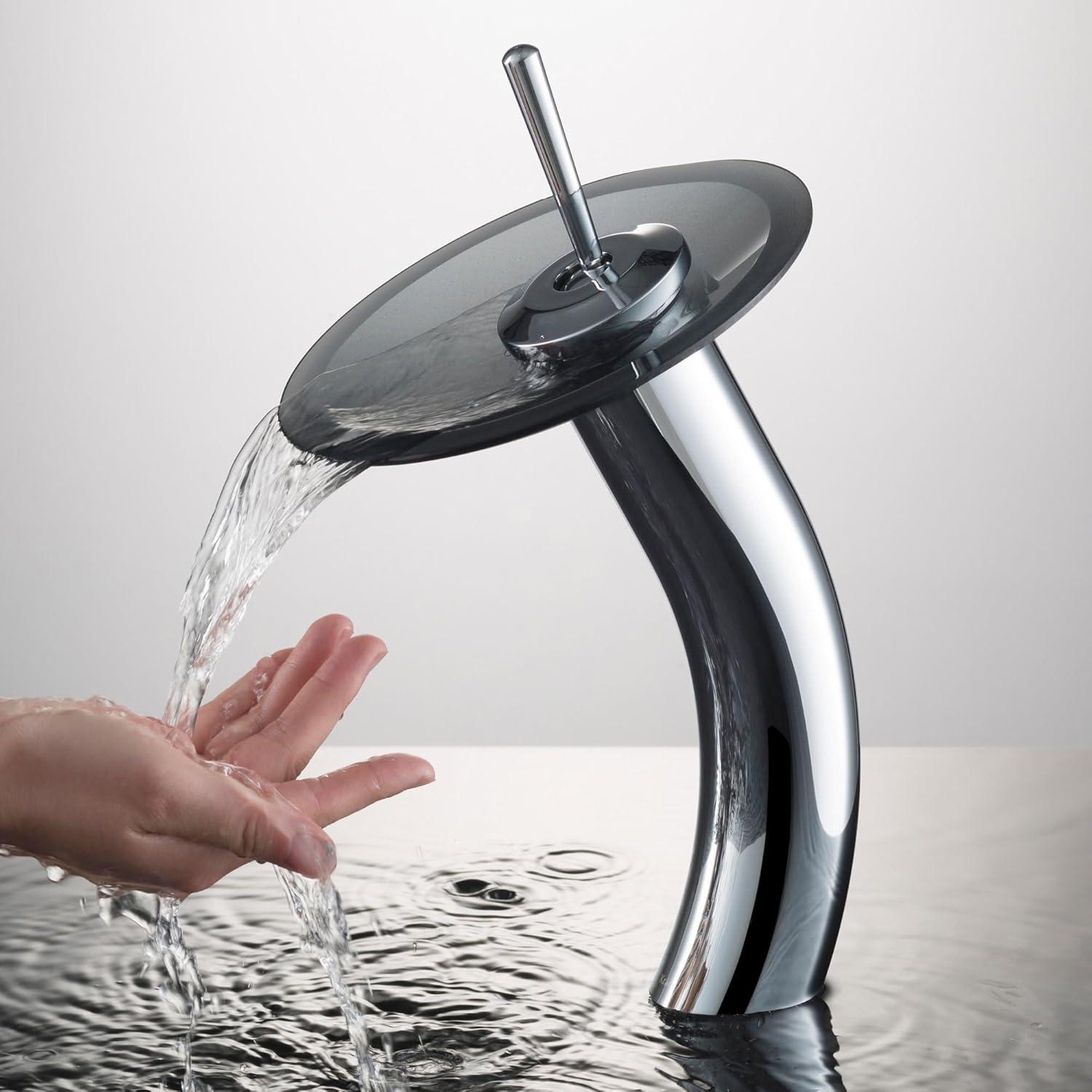 KRAUS Tall Waterfall Bathroom Faucet for Vessel Sink with Frosted Black Glass Disk, Satin Nickel Finish