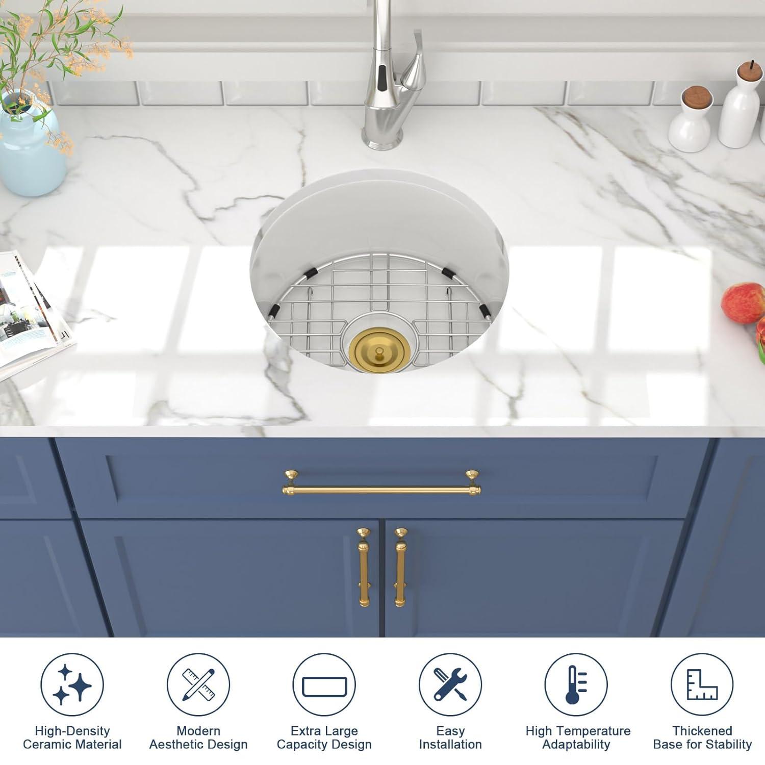 Lordear 18 Inch White Undermount Bar Sink RV 18 x 18 Inch Deep Single Bowl White Small Undermount Bar Prep Sinks Round With Gold Drainer