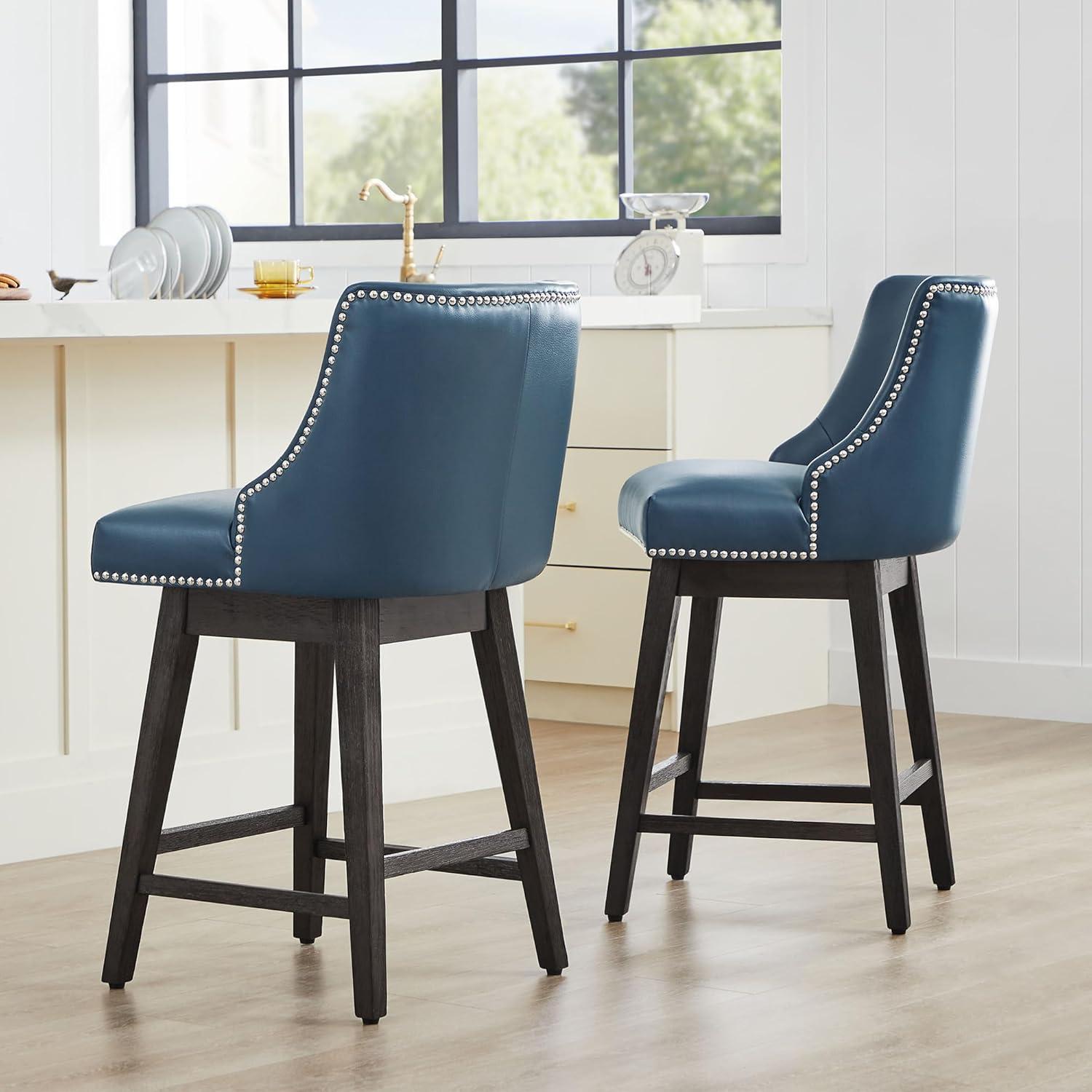 CHITA 26 in Upholstered Swivel Counter Bar Stools with Back&Wood Legs Set of 2, Faux Leather in Dark Blue