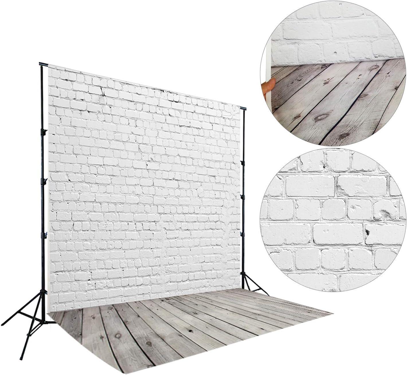 White Brick Wall with Gray Wooden Floor Vinyl Photography Backdrop 5x7ft