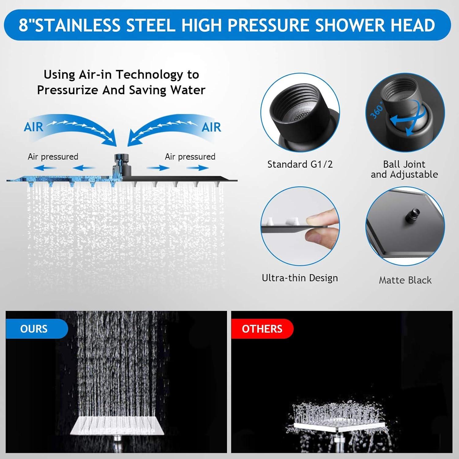 Matte Black 8-Inch Square Rain Shower Head Combo with Handheld