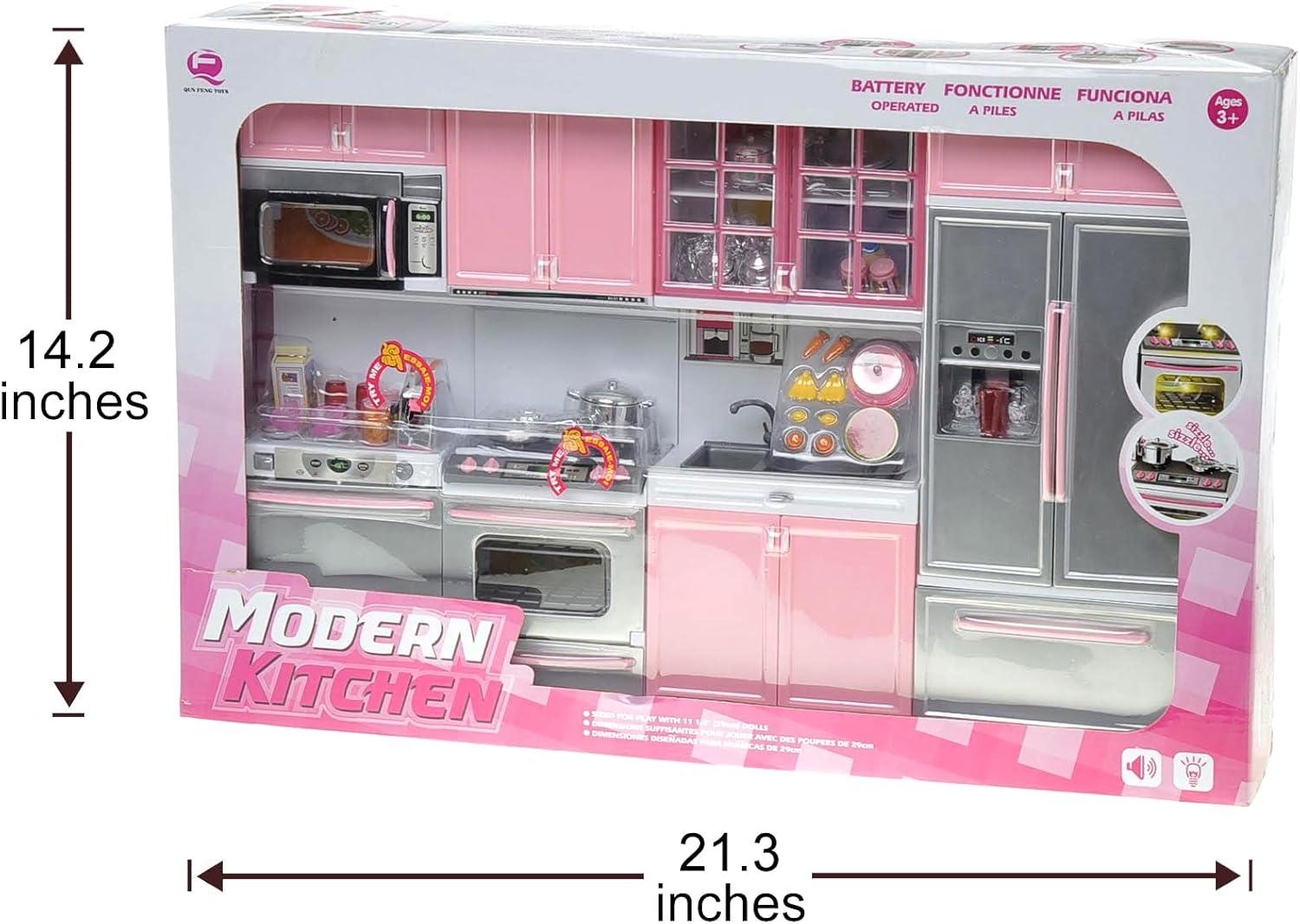 PowerTRC Doll Kitchen Play Set, Mini Modern Toy Pink Kitchen Pretend Play Furnitures Toy Set Accessories Set with Realistic Light & Sound for Kids Toddlers Girls (4-in-1)