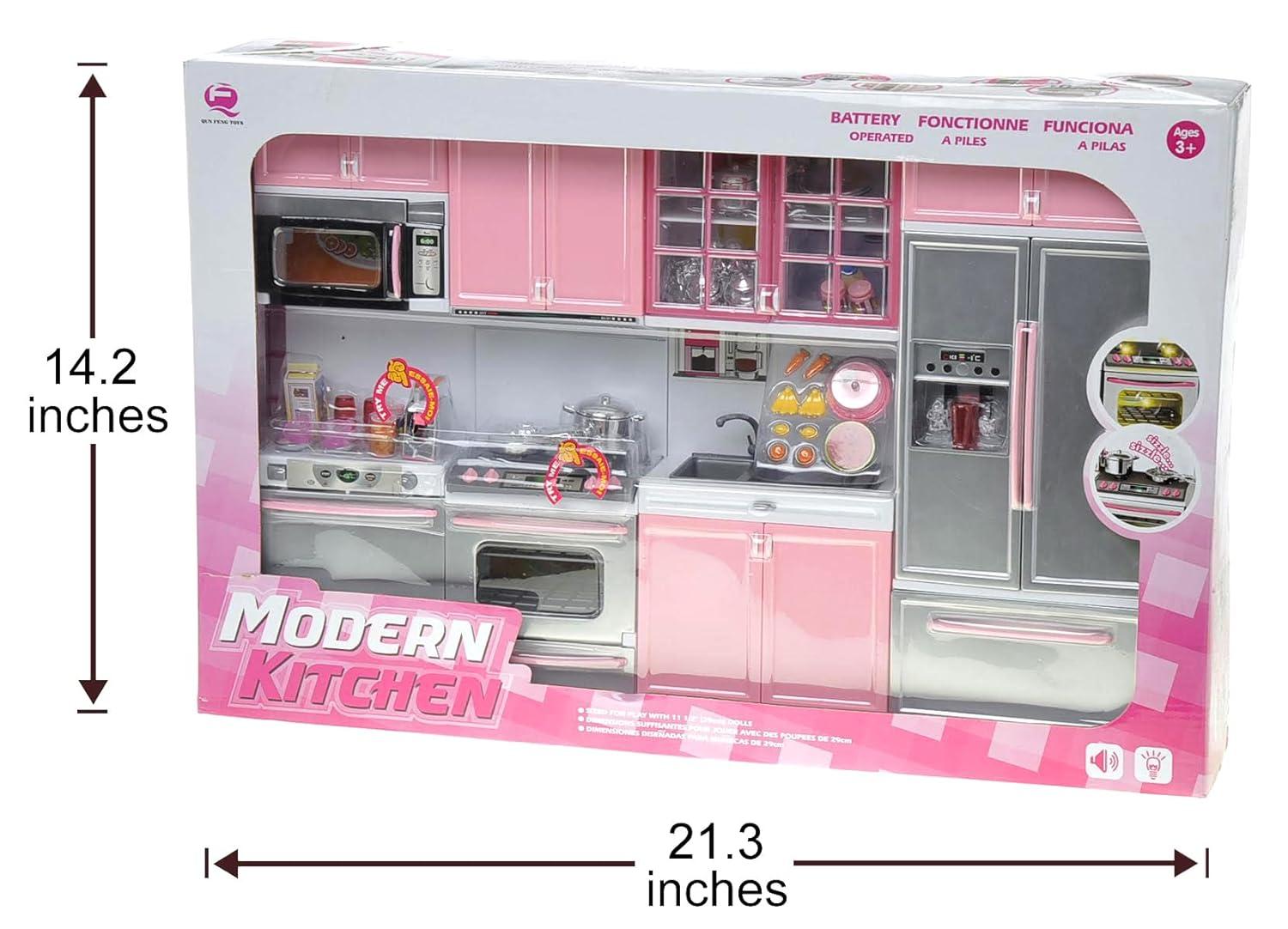 PowerTRC Doll Kitchen Play Set, Mini Modern Toy Pink Kitchen Pretend Play Furnitures Toy Set Accessories Set with Realistic Light & Sound for Kids Toddlers Girls (4-in-1)