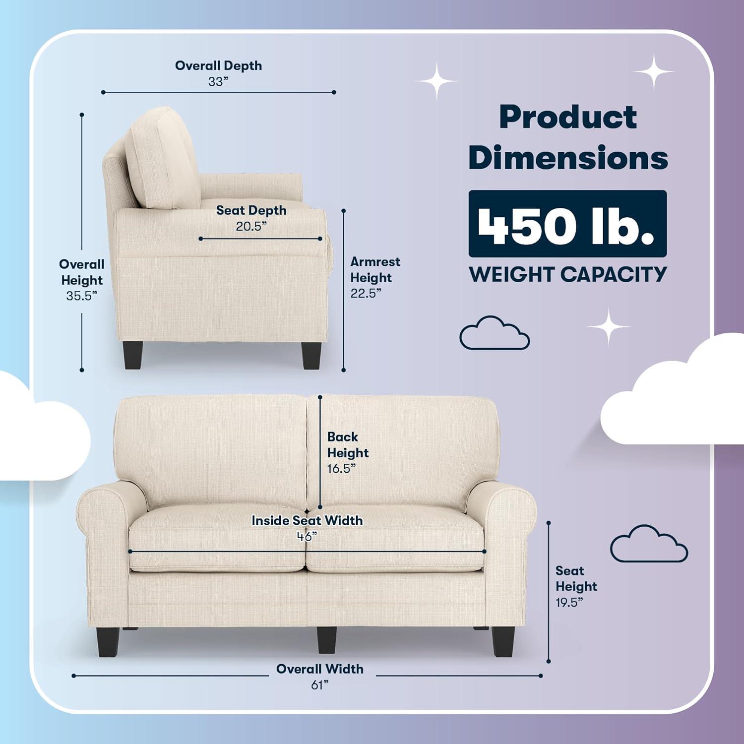 Serta Copenhagen 61" Rolled Arm Sofa, Easy Care Fabric, Soft Pillow Back, Pocket Coil Seat Cushions