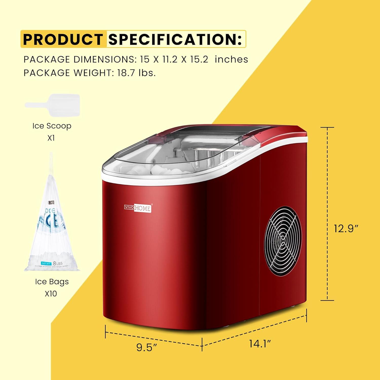 SPECSTAR Countertop Ice Maker 27Lbs/24H, Self-Cleaning Portable Ice Maker Machine with Hand Scoop 10 Ice Bags for Home/Kitchen/Party, Red