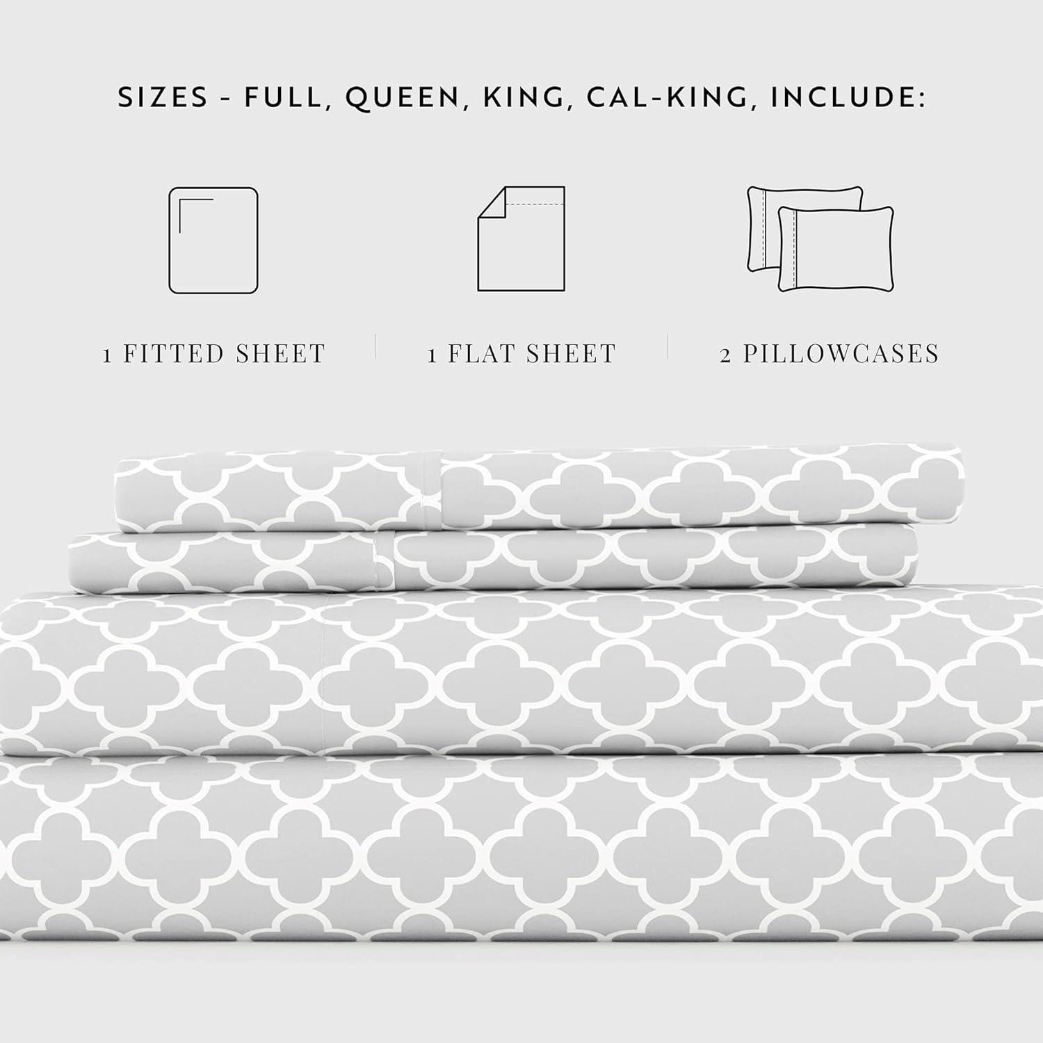 Noble Linens 4 Piece Pattern Microfiber Bed Sheets Set, Gray Quadrafoil, Queen