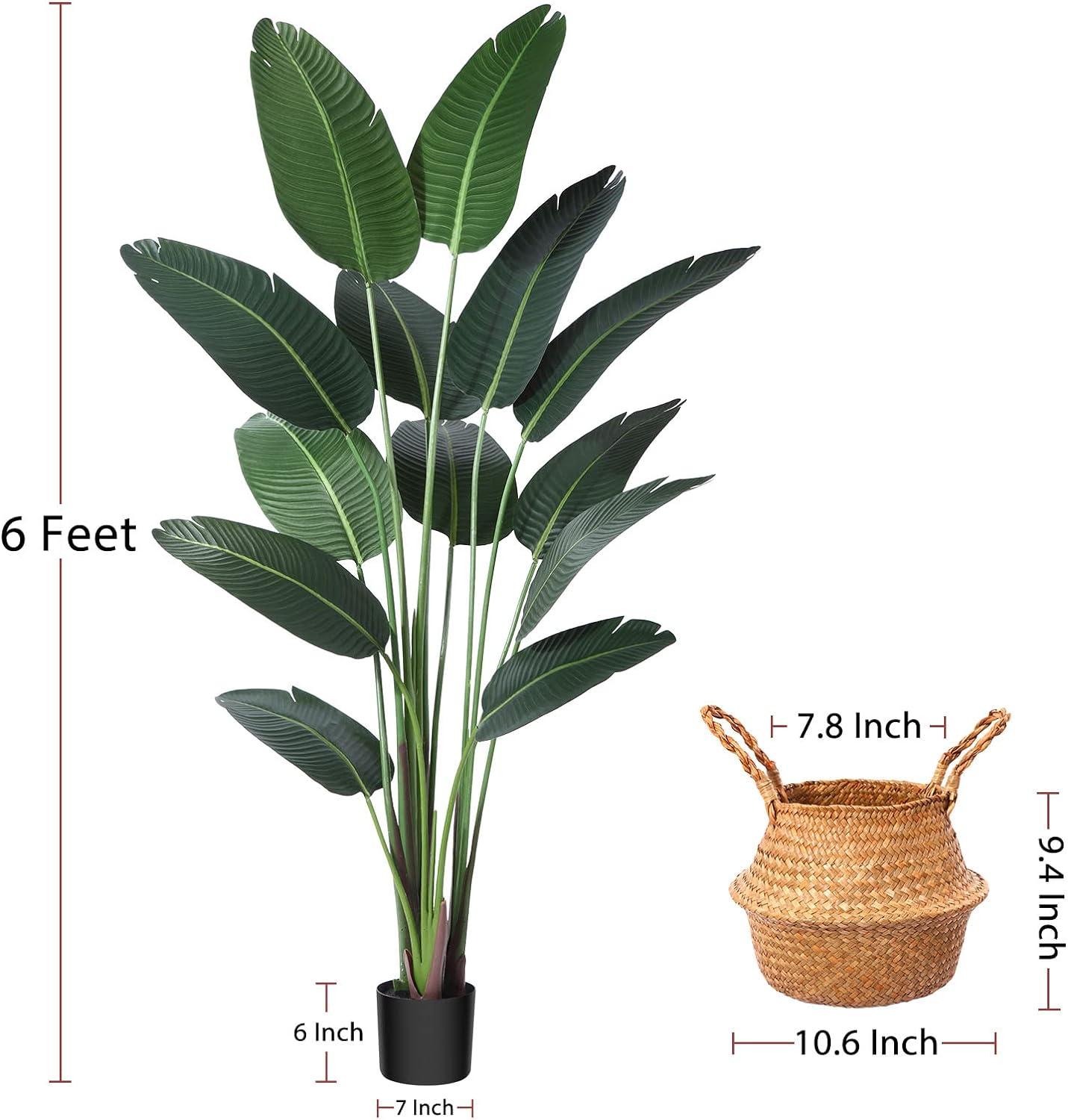 Artificial Bird of Paradise Plants 6 Ft Fake Tropical Palm Tree with 13 Trunks in Pot and Woven Seagrass Belly Basket Perfect Faux Plant for Home Indoor Outdoor Office Modern Decor Green 1Pc…