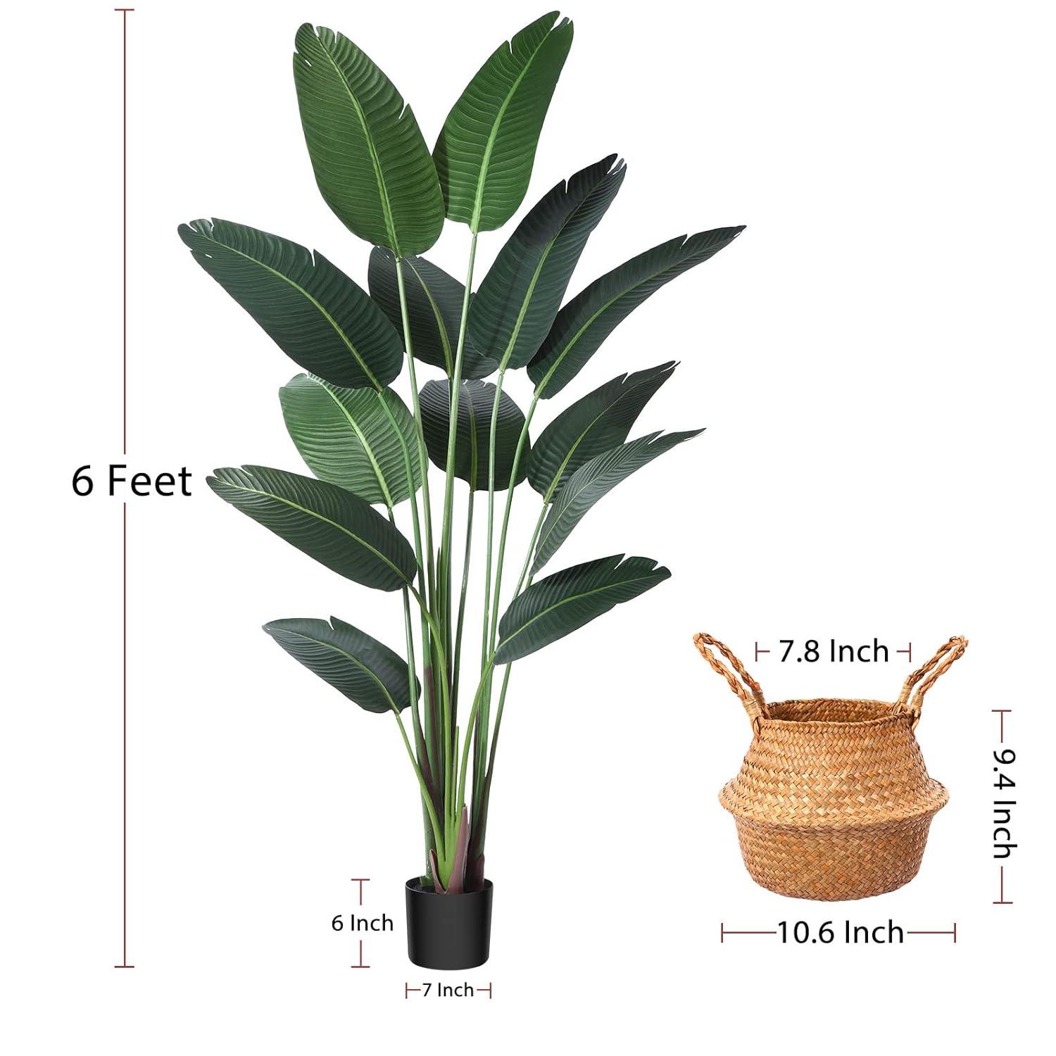 Artificial Bird of Paradise Plants 6 Ft Fake Tropical Palm Tree with 13 Trunks in Pot and Woven Seagrass Belly Basket Perfect Faux Plant for Home Indoor Outdoor Office Modern Decor Green 1Pc…