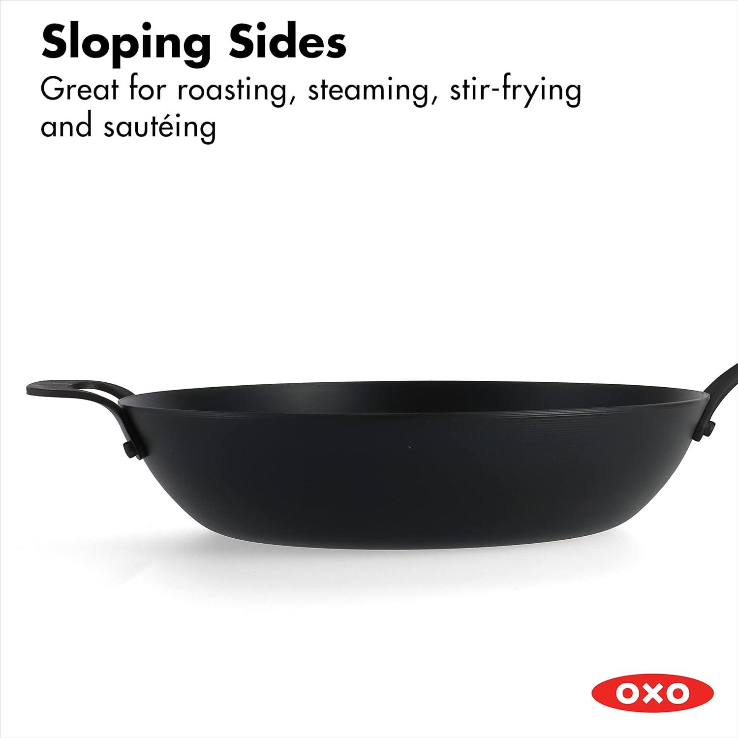 OXO 12" Steel Open Wok with Silicone Sleeve Black: Carbon Steel Pan, 12 Inch, Induction & Gas Compatible, Hand Wash