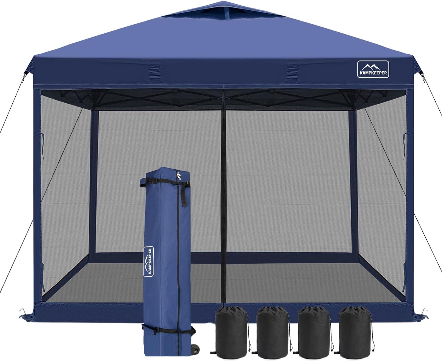 KAMPKEEPER 10x10 Pop Up Canopy Tent with Mosquito Netting - Waterproof Screen Shelter for Sun Shade, Camping, Beach and Outdoor Events, Navy Blue