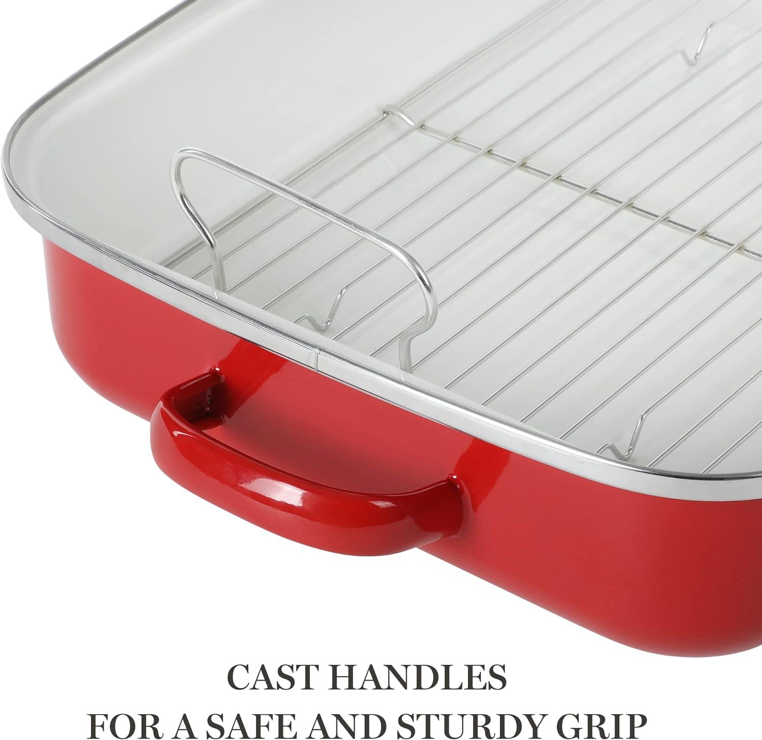 Red 18" Enameled Steel Roaster Pan with Rack and Handles