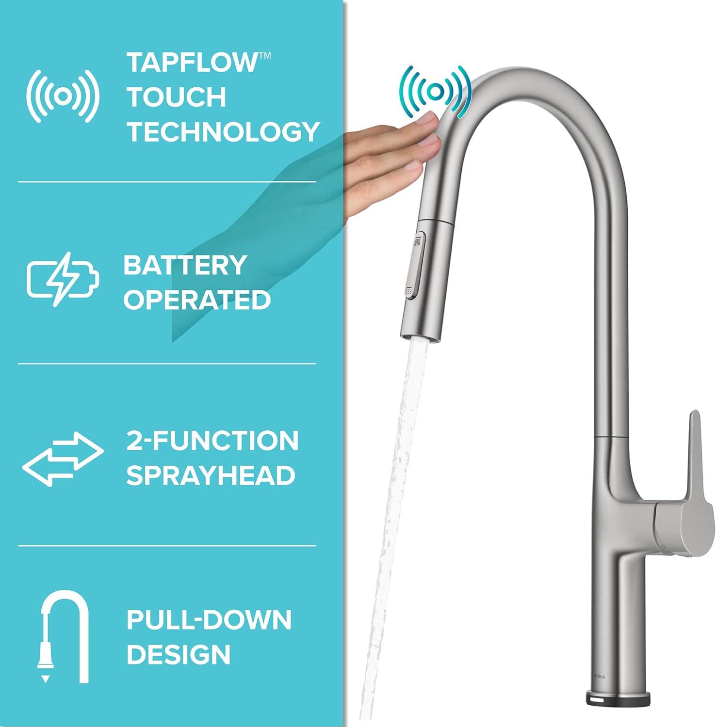 Kraus OlettoTall Modern Single-HandleTouch Kitchen Sink Faucet with Pull Down Sprayer in Spot Free Stainless Steel