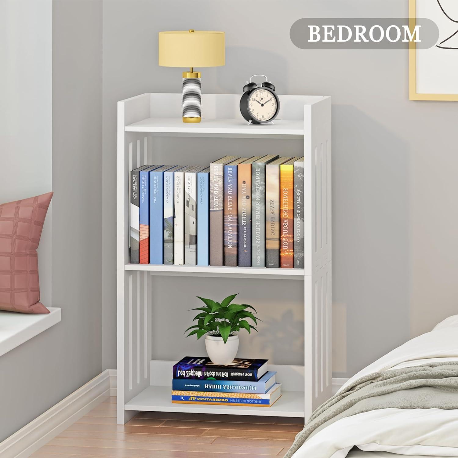 Bookshelf, Bookcase for Small Spaces, 3 Tier White Book Organizer Storage Display Rack for Kids Room, Living Room, Office, Bedroom and Bathroom