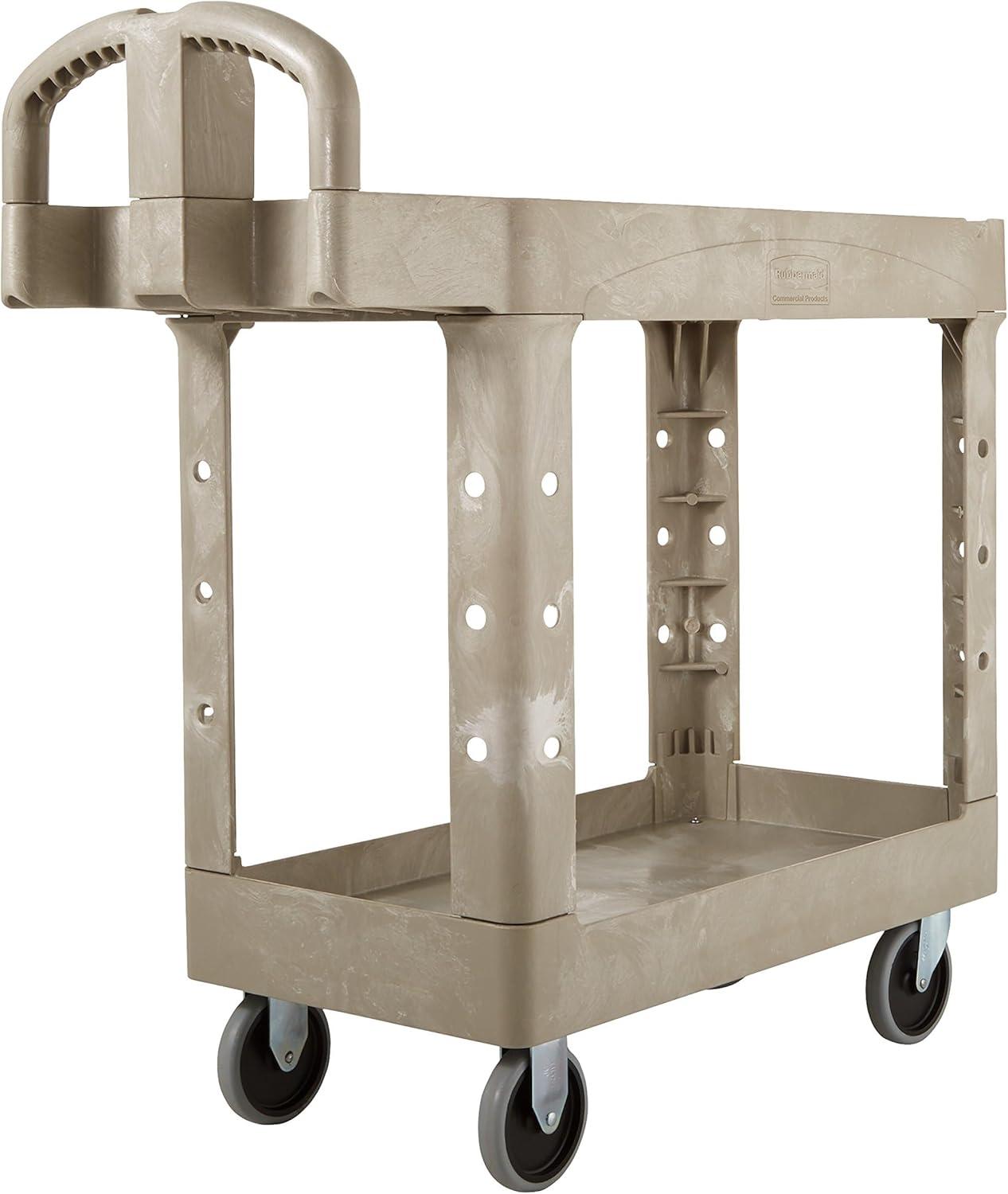 Beige Heavy-Duty 2-Shelf Plastic Utility Trolley with Ergonomic Handles