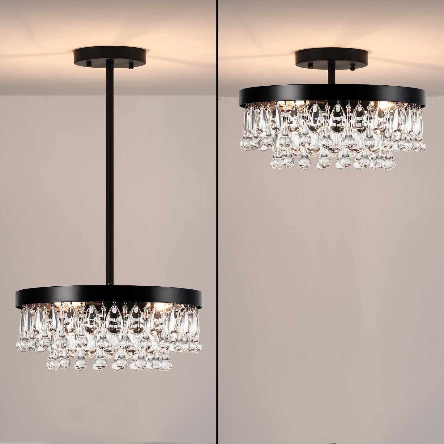 SEOL-Light Vintage Black Crystal Drops Close to Ceiling Light Fixture Round Tiered Chandeliers Large Flush Mount for Bedroom,Kitchen,Hallway,Dimmable,3 Light,120W,E12,15 Dia*6" H;
