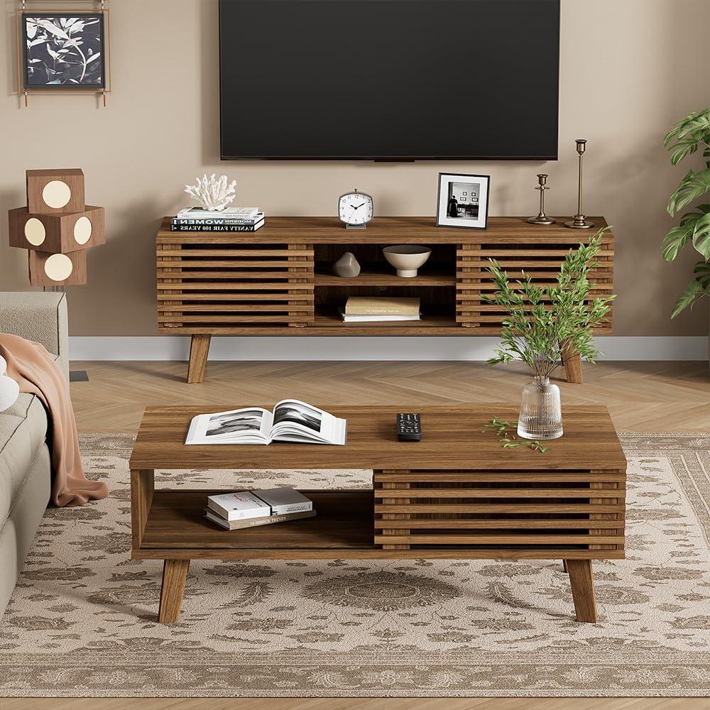 Walnut Mid-Century Modern Coffee Table with Open Storage Shelf