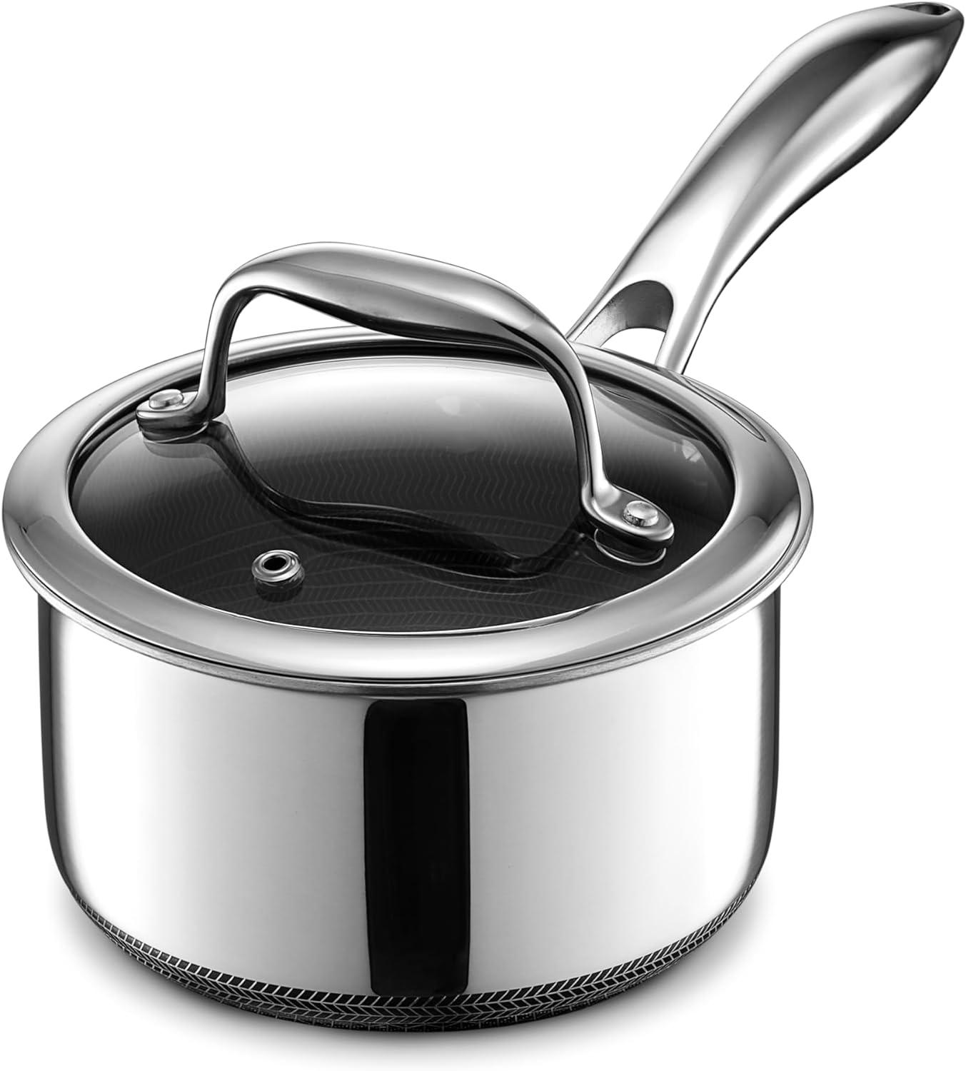 HexClad 1-Quart Stainless Steel Nonstick Saucepan with Glass Lid