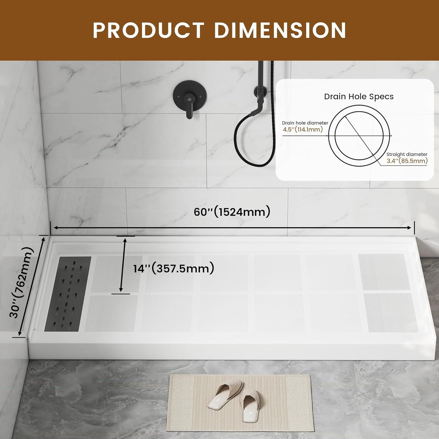 CASAINC 60"W 30/32"D Single Threshold SMC Shower Base Anti-Slip Shower Pan with Drain Assembly & Drain Cover CABR2501WH6030R