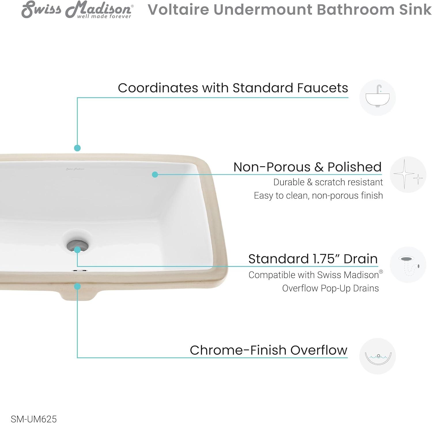 Voltaire 21" Gloss White Ceramic Rectangular Undermount Bathroom Sink