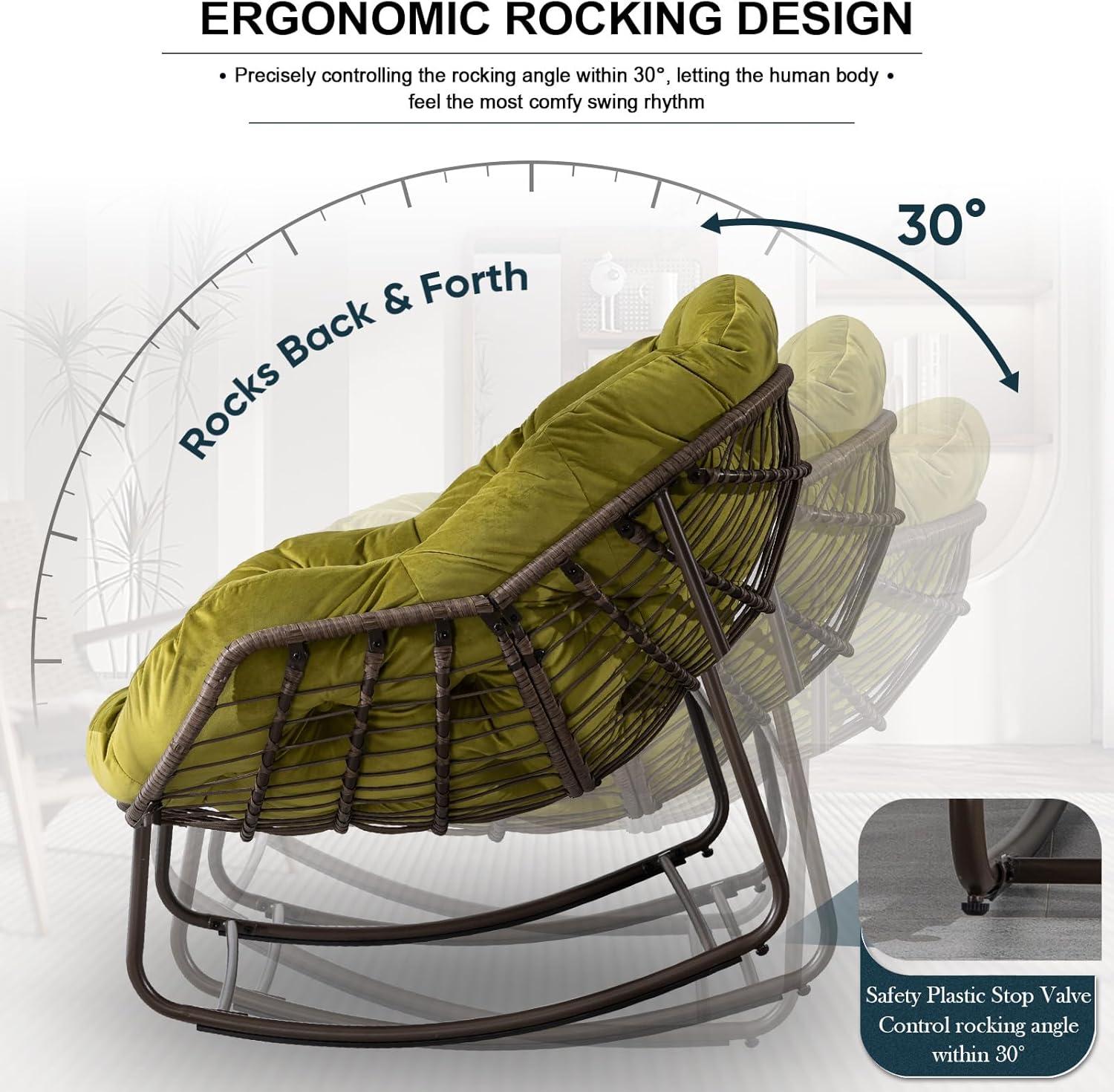 KINFFICT Outdoor Rocking Chair,Oversized Rattan Egg Chair,Indoor Outside Padded Cushion Rocker Recliner Chair,Modern Lounge Chair for Front Porch,Garden,Backyard,Balcony,Deck,Olive Green,Set of 1