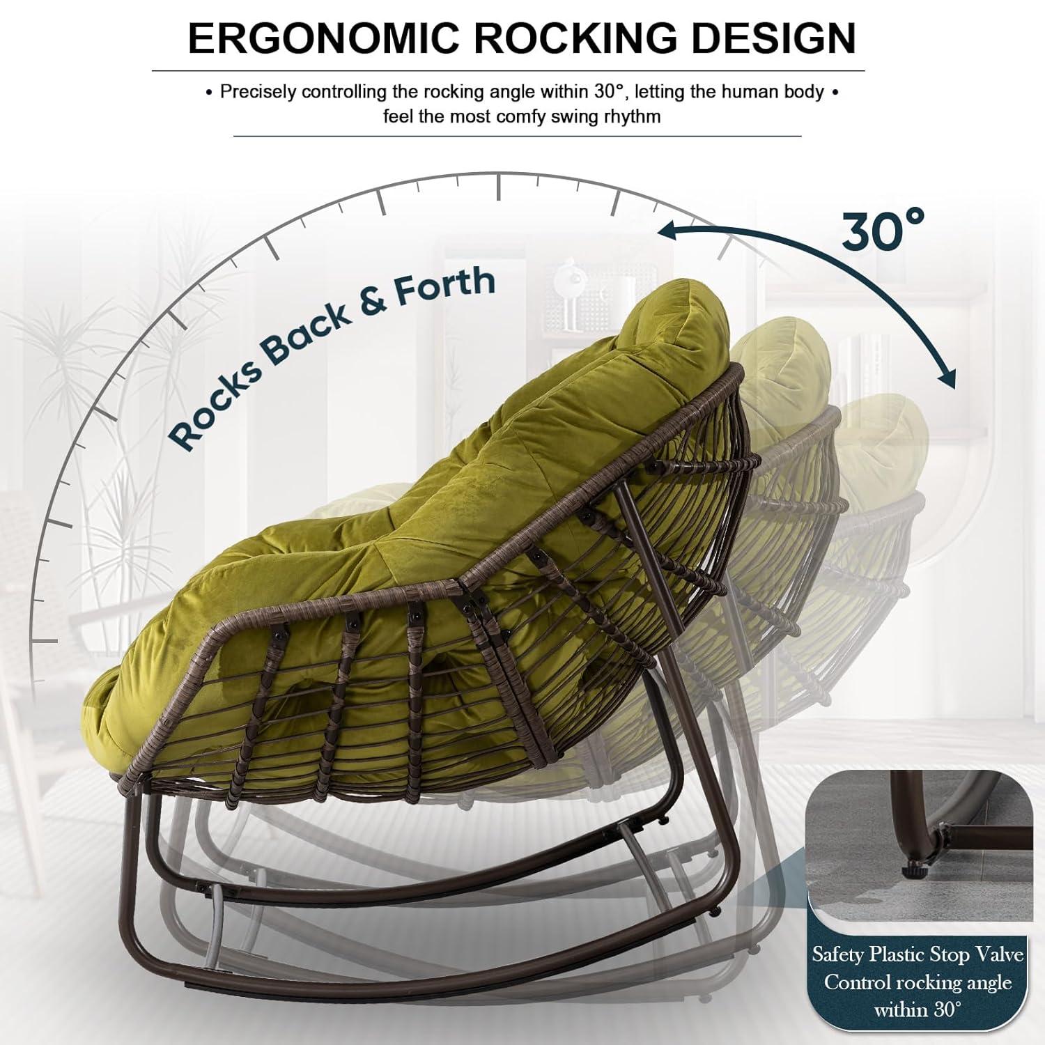 KINFFICT Outdoor Rocking Chair,Oversized Rattan Egg Chair,Indoor Outside Padded Cushion Rocker Recliner Chair,Modern Lounge Chair for Front Porch,Garden,Backyard,Balcony,Deck,Olive Green,Set of 1