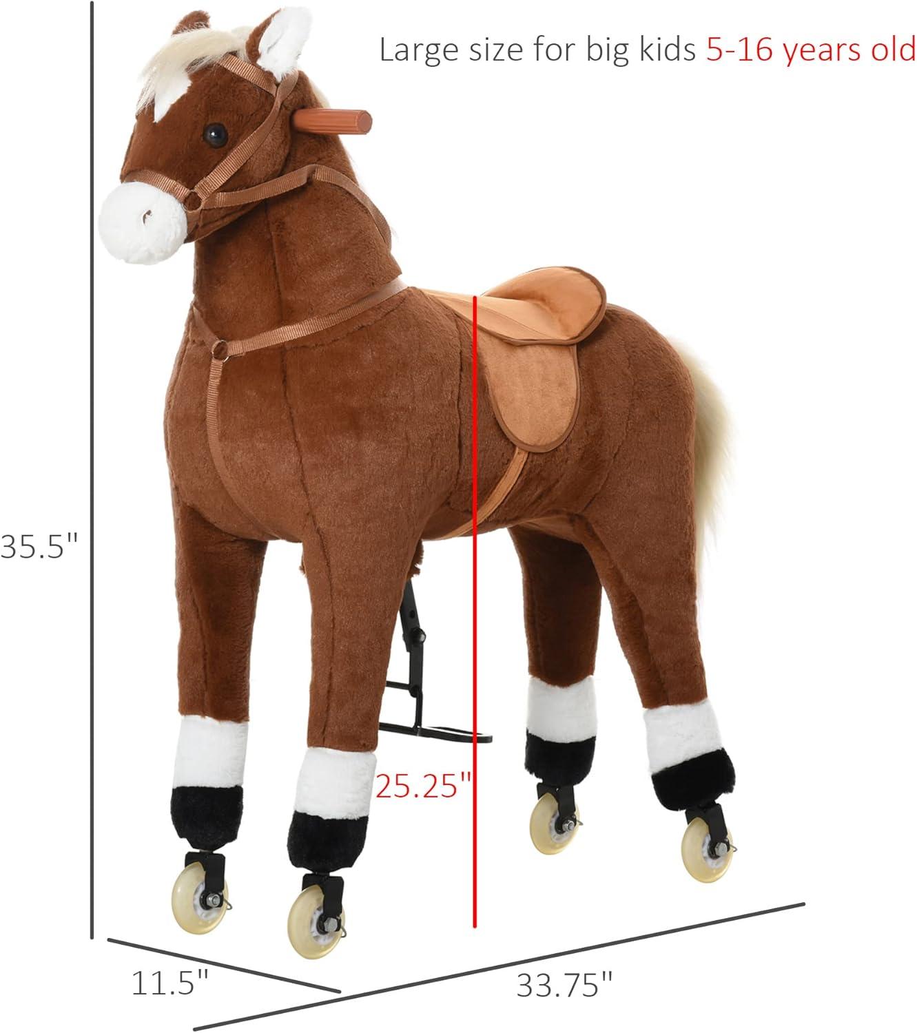 Qaba Kids Ride-on Walking Horse with Easy Rolling Wheels, Soft Huggable Body, & a Large Size for Kids 5-16 Years