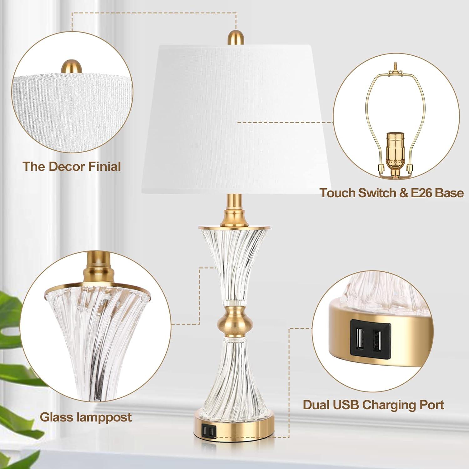 Touch Control Dimmable Table Lamps for Bedrooms, 3-Way Gold Crystal Bedside Lamp with USB Ports, Set of 2 Contemporary End Table Lamps with White Drum Shade for Living Room Reading, LED Bulbs Included