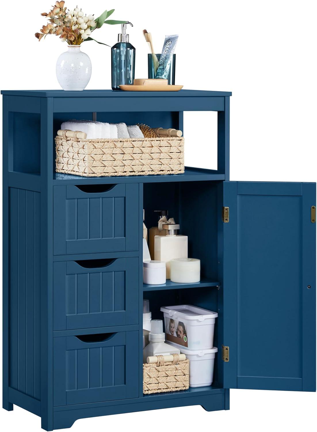 Topeakmart Wood Bathroom Floor Cabinet, Free Standing Storage Cabinet with 3 Drawers and Cupboard for Hallway/Entryway/Living Room Accent Furniture, Navy Blue