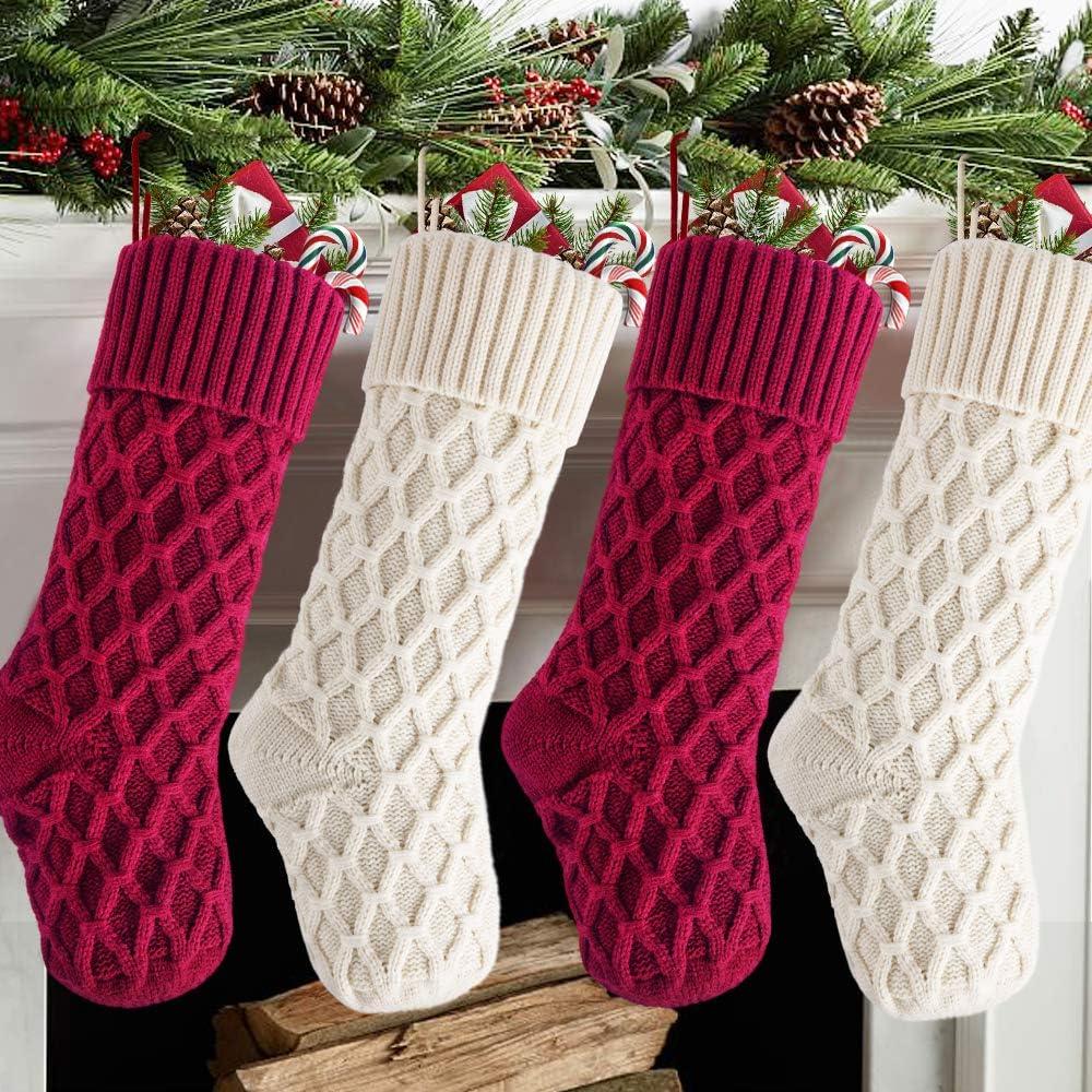 Burgundy and Cream Cable Knitted Christmas Stockings, 18 Inches, Set of 4