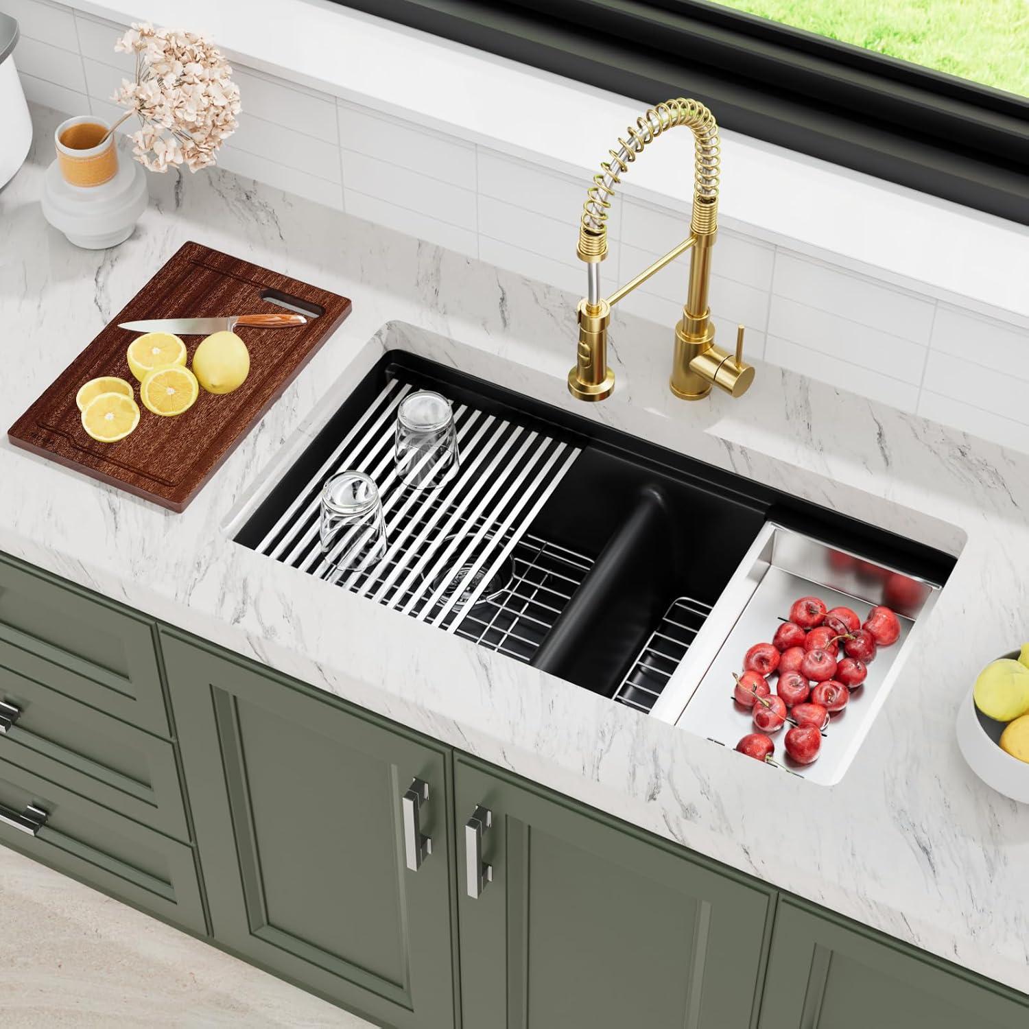 Davivy 33 Inch Black Granite Composite Kitchen Sink Workstation, 33 X 22 Quartz Composite Dual Mount Sink, Matte Black Composite Single Bowl Sink