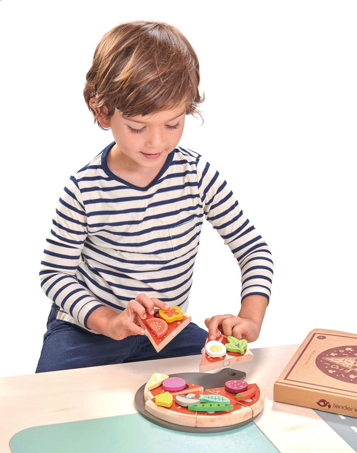 Tender Leaf Toys - Pizza Party - 6 Slices of Realistic Pizza Toy Set with 12 Different Toppings, Kraft Card Take-Out Box Included - Pretend Play Food for Kids - 3+