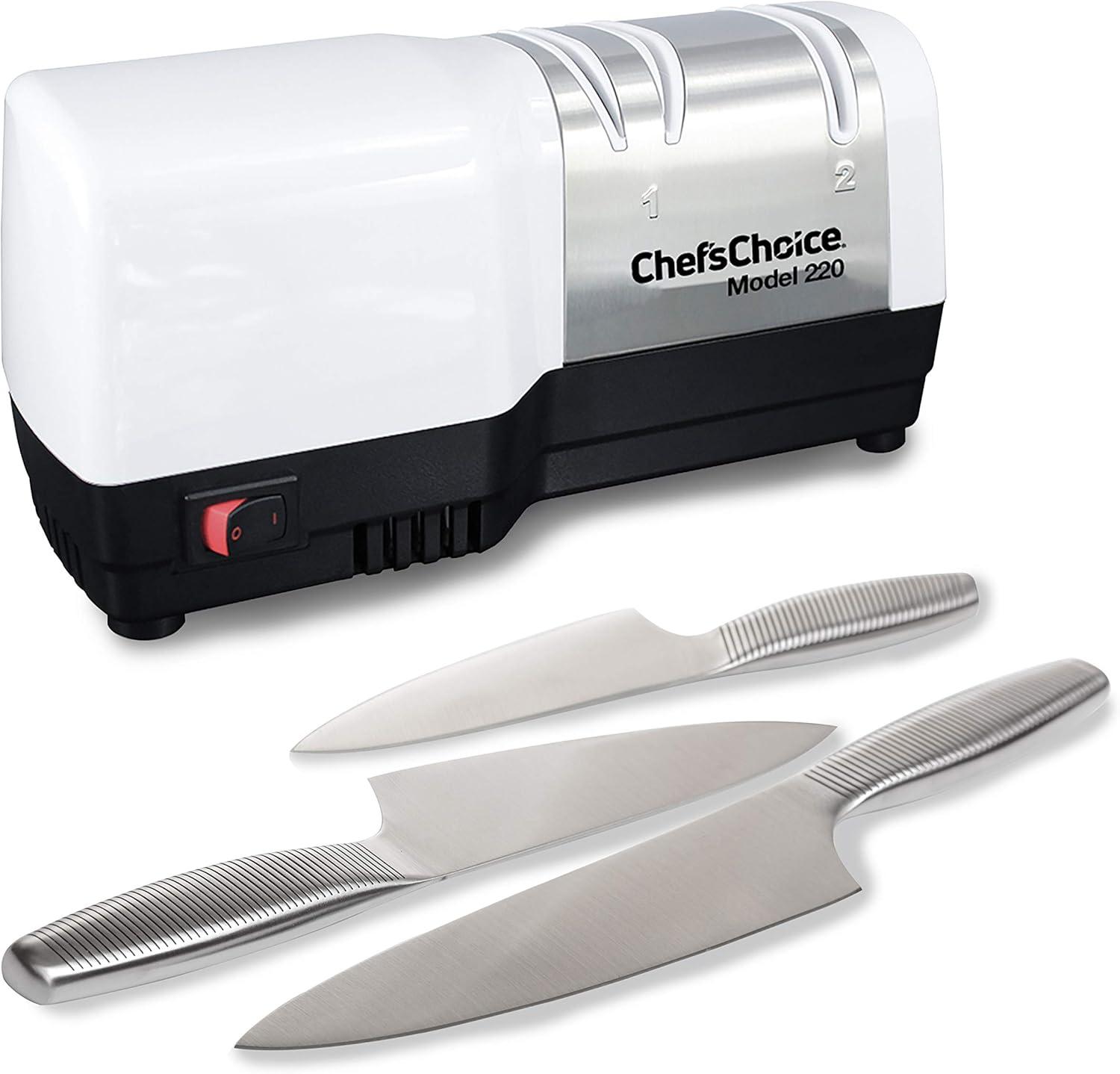 Chef'sChoice 220 Hybrid Diamond Hone 2-Stage Knife Sharpener uses Diamond Abrasives and Combines Electric and Manual Sharpening Sharpens Straight and Serrated Knives