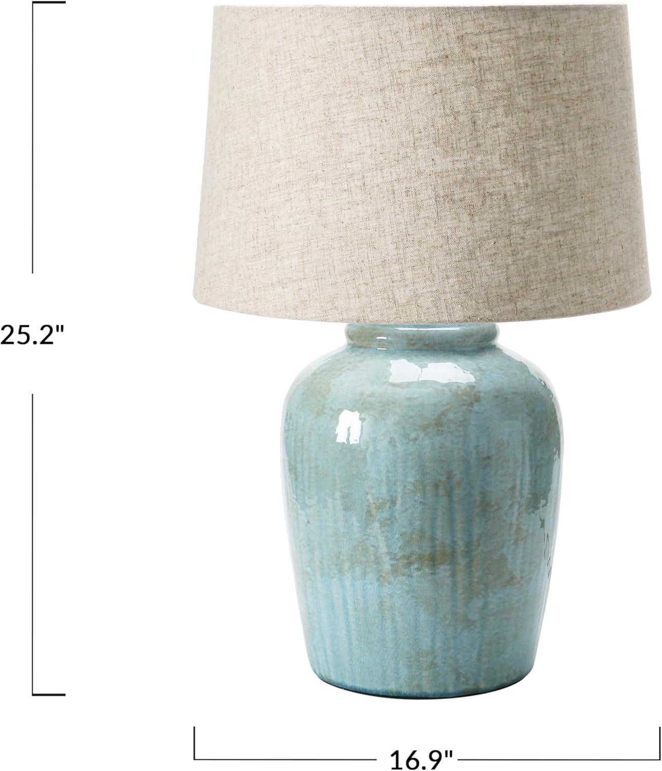 Creative Co-Op Coastal Aqua Blue Ceramic Stoneware Table Lamp with Natural Ivory Linen Shade, Reactive Glaze Finish