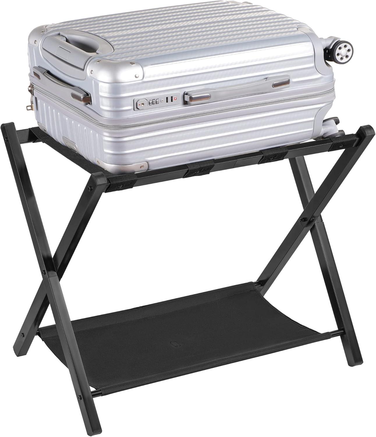 Black Steel Folding Luggage Rack with Storage Shelf, Set of 2