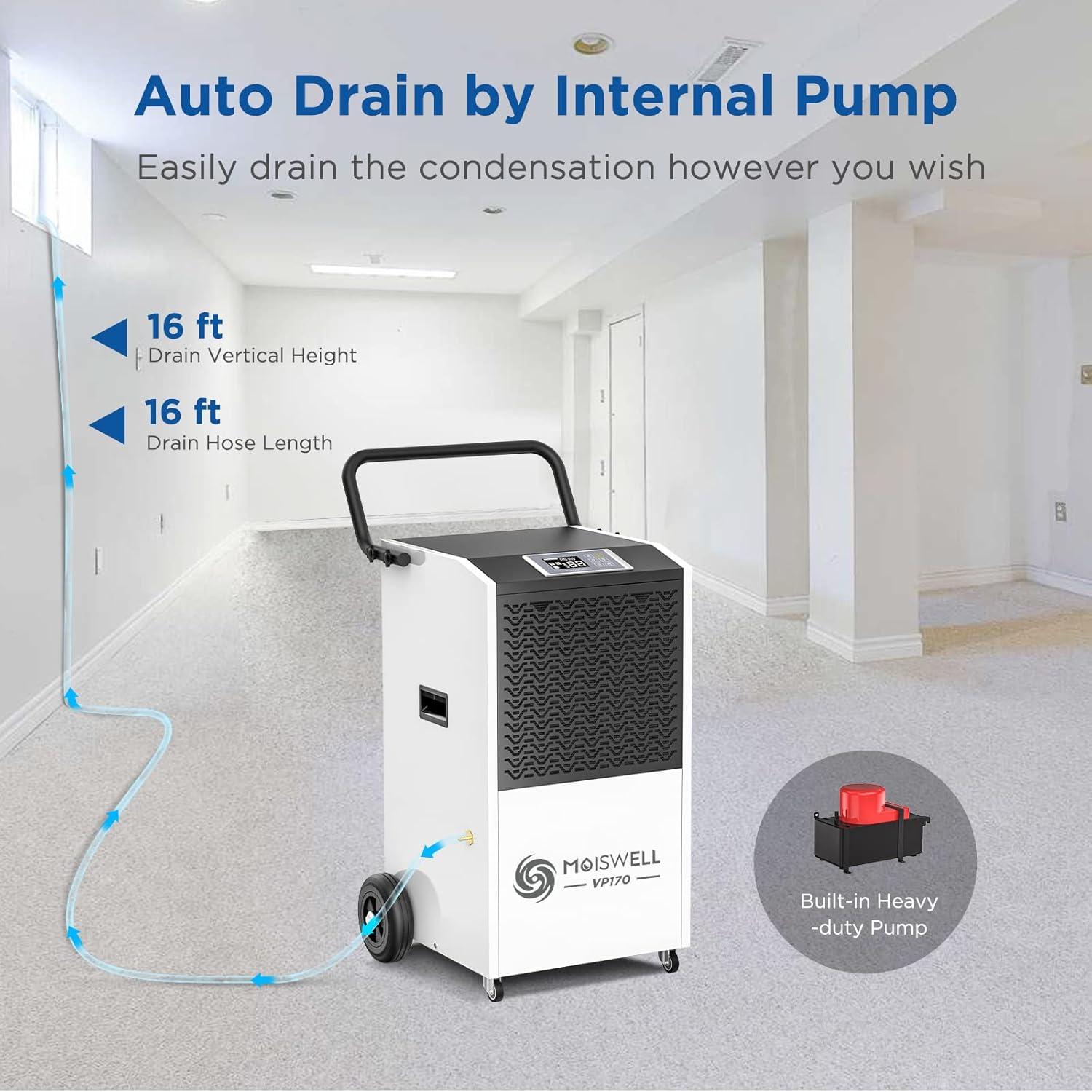 Moiswell 170 Pints White and Black Commercial Dehumidifier with Pump