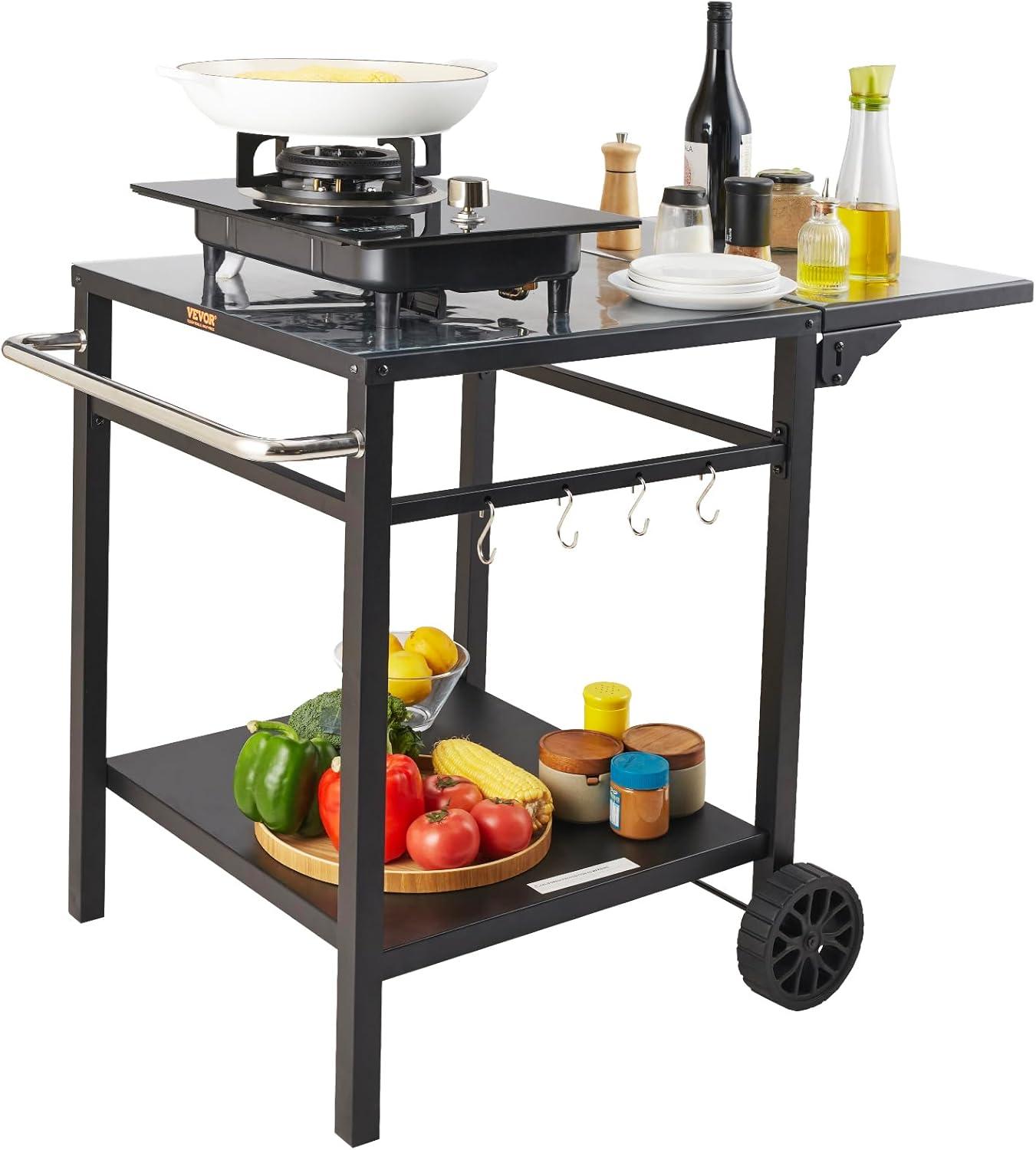 Black Iron Double-Shelf Outdoor Grill Dining Cart with Wheels