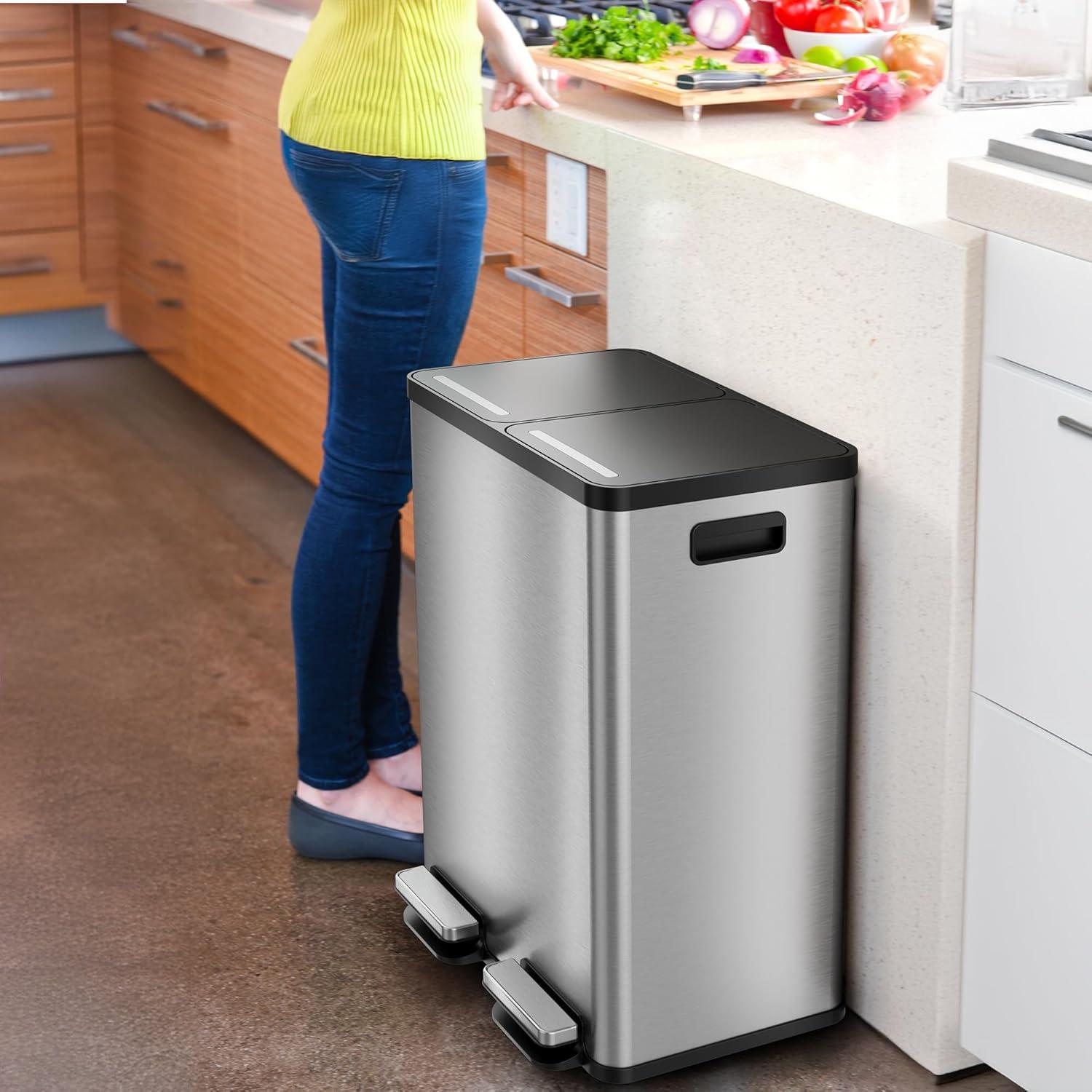 16 Gallon Stainless Steel Dual Compartment Combo Step Pedal Trash Can and Recycle Bin