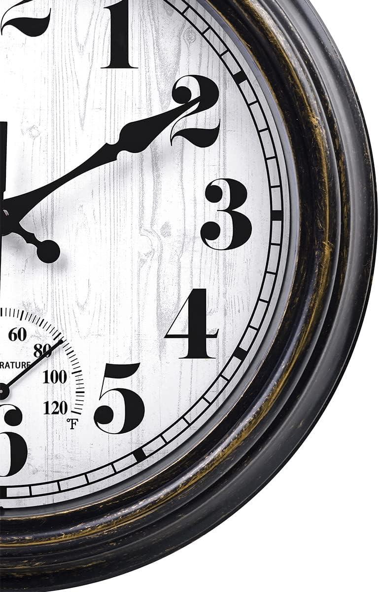 12 Inch Retro Silent Wall Clock,Indoor and Outdoor,Waterproof,Thermometer,Black