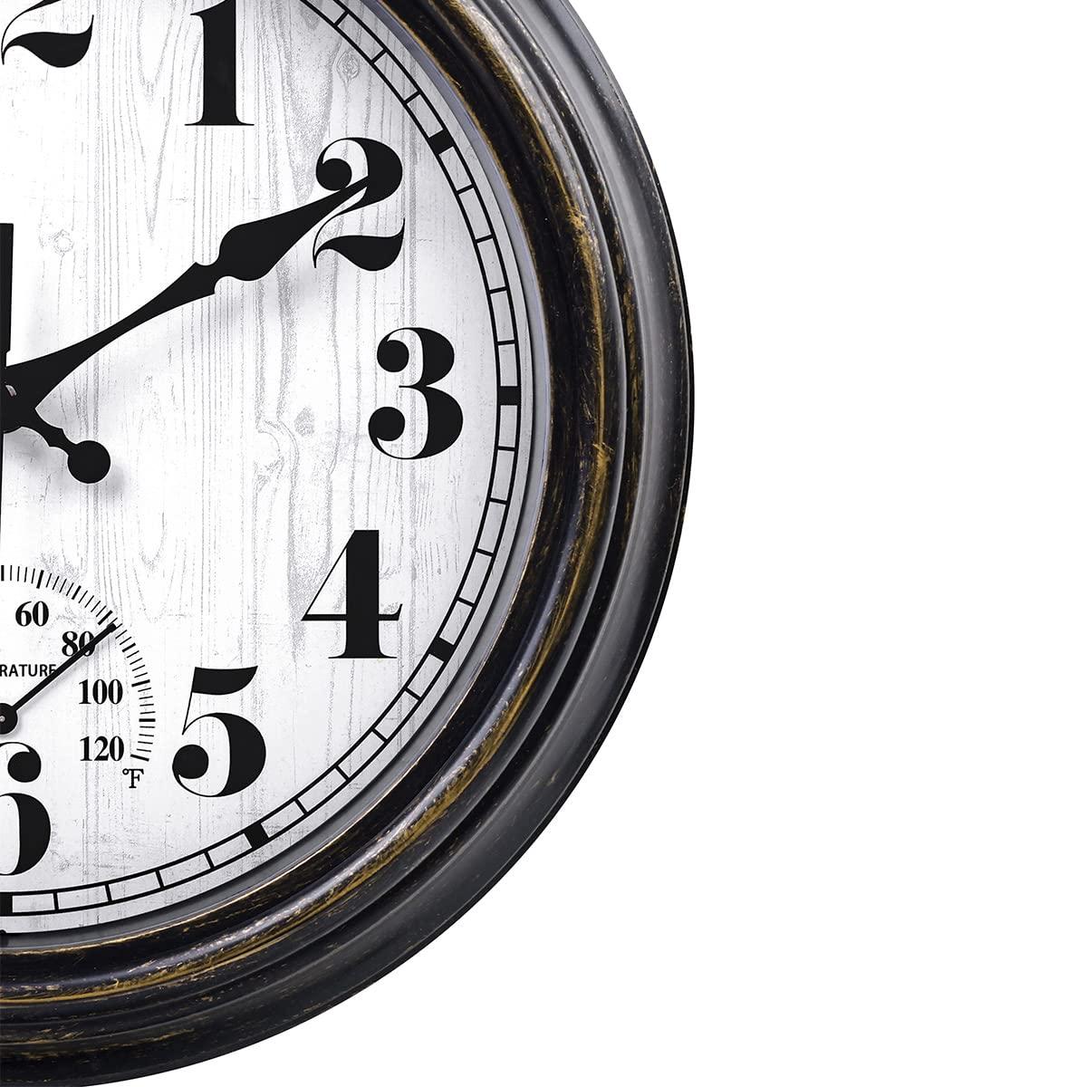 12 Inch Retro Silent Wall Clock,Indoor and Outdoor,Waterproof,Thermometer,Black