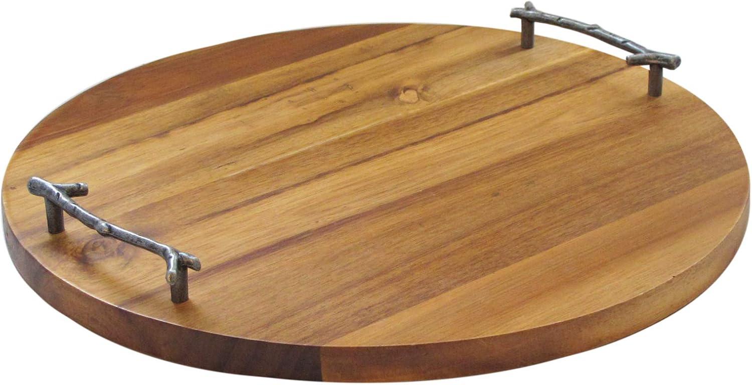 American Atelier Round Wooden Tray, Natural Finish Metal Twig Designed Handles, Great Centerpiece & Gift Idea,14.9"