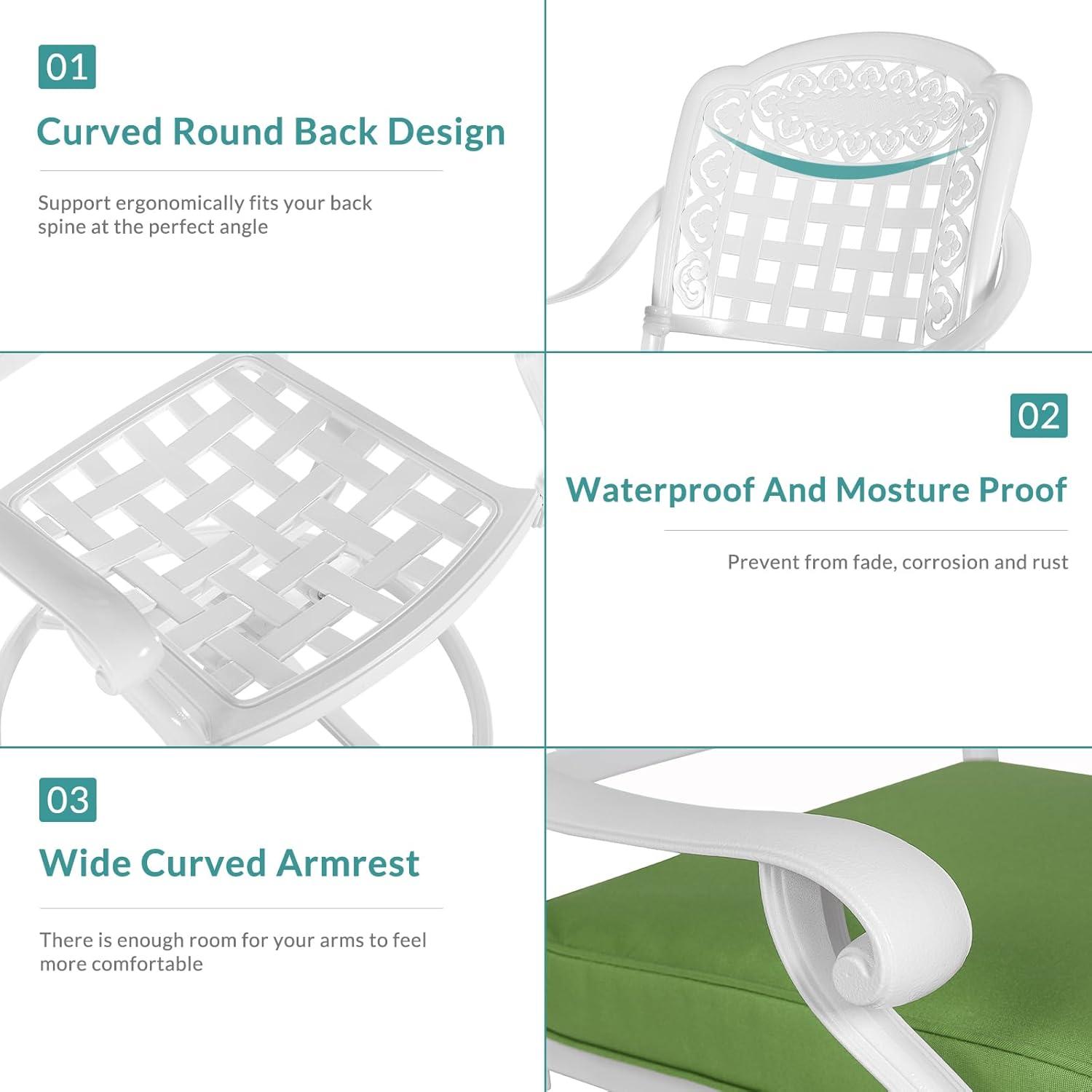 VIVIJASON Vivijason Patio Swivel Dining Chairs Set Of 2, All Weather Cast Aluminum Outdoor Dining Rocker Chairs, Patio Furniture Chair Set With Cushion For Balcony, Lawn, Garden, Backyard, White/green Cushion