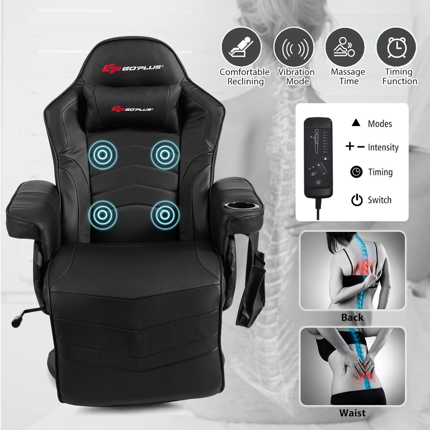 POWERSTONE Gaming Recliner Massage Gaming Chair with Footrest Ergonomic PU Leather Single Sofa with Cup Holder Headrest and Side Pouch, Adjustable Living Room Chair Seating, Black