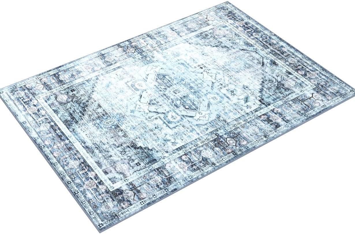 5'x7' Persian Vintage Bohemian Medallion Area Rug Non-Slip Back, Machine Washable Distressed Thin Rug,Traditional Indoor Carpet,Navy Blue