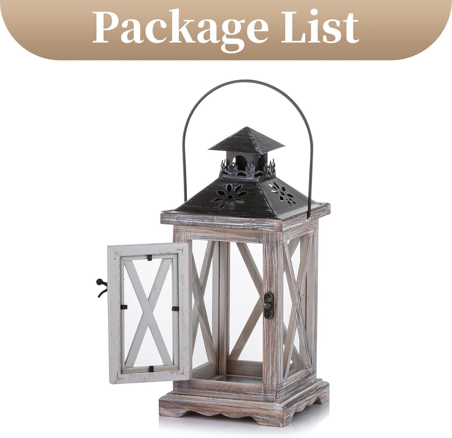 Distressed White Pine Wood Hanging Lantern with Metal Top