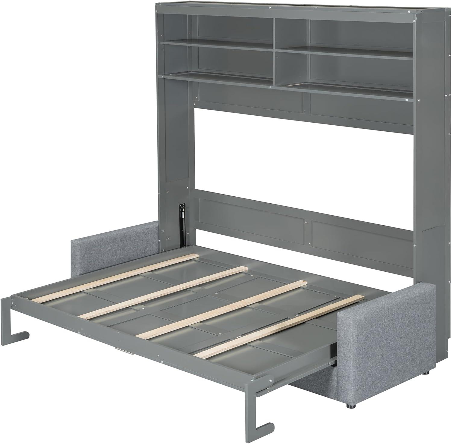 Harper & Bright Designs Queen Size Murphy Bed with Cushion and Storage Shelves, Wood Queen Platform Bed with Sofa, Wall Bed, Hidden Foldable Bed Frame for Home Office or Small Room,Gray