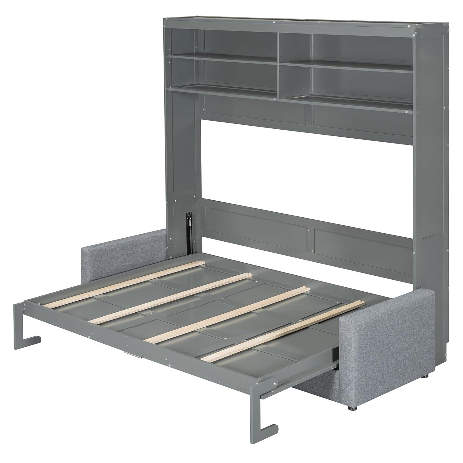 Harper & Bright Designs Queen Size Murphy Bed with Cushion and Storage Shelves, Wood Queen Platform Bed with Sofa, Wall Bed, Hidden Foldable Bed Frame for Home Office or Small Room,Gray