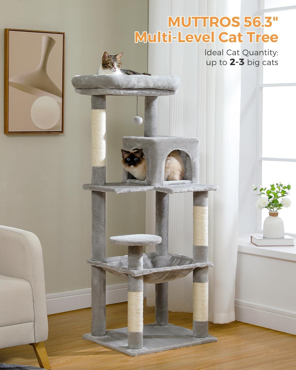 56.3" Indoor Multi-Level Tall Cat Tower With Large Hammock, Scratching Posts, Cozy Condo And Top Perch