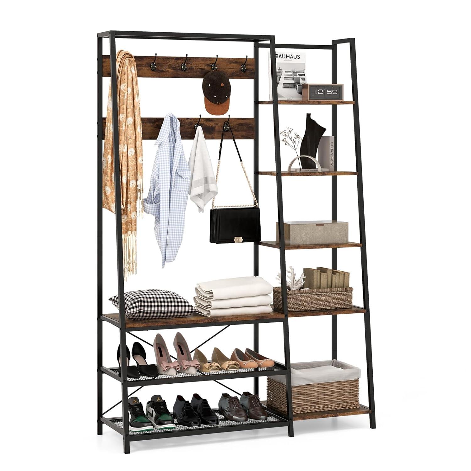 Costway 1 PC 5-In-1 Entryway Coat Rack Storage Shoe Bench Freestanding Wooden Hall Tree