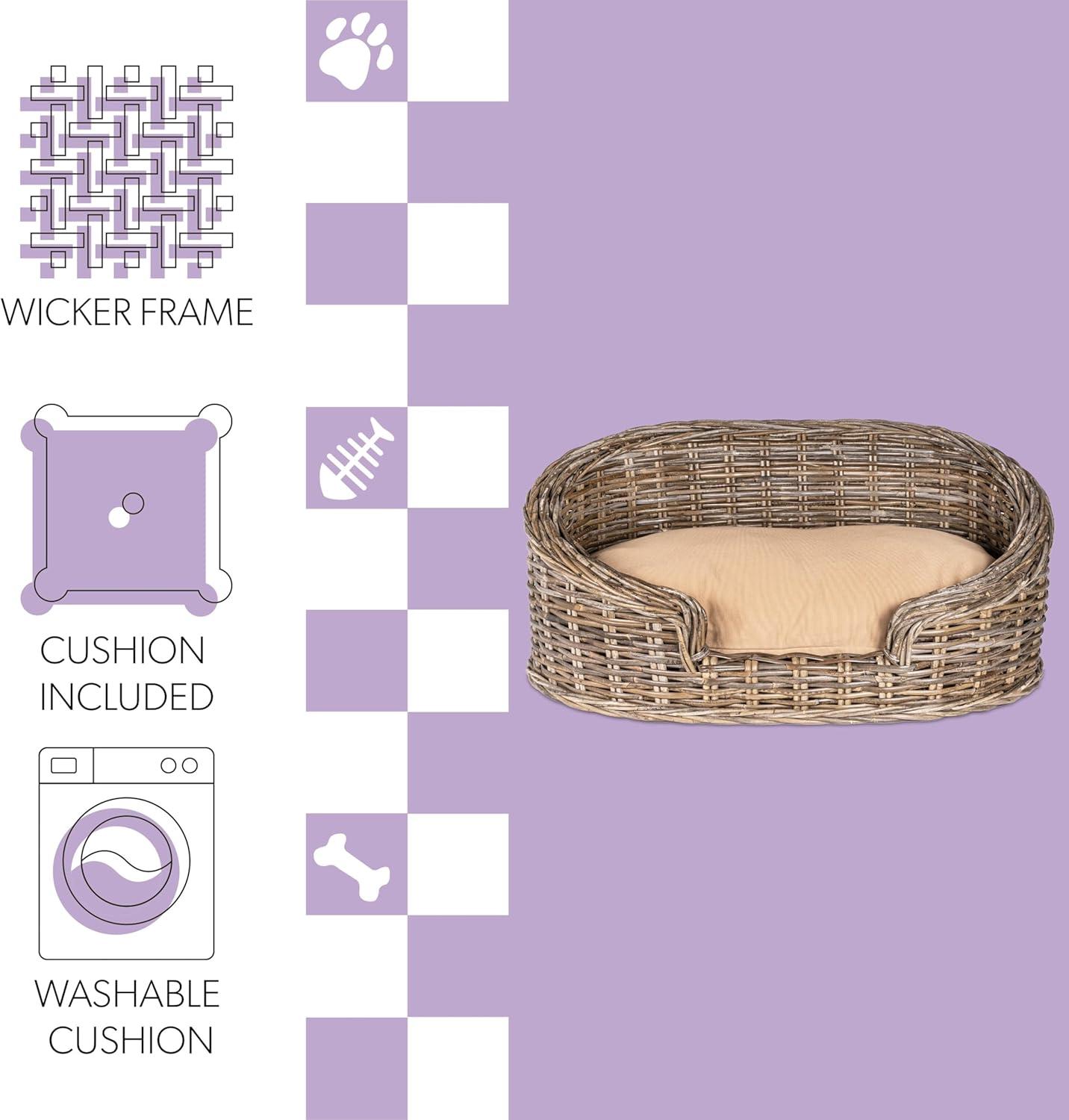 Elevated 27.5" x 17" Bohemian Handwoven Rattan Dog Daybed with Machine-Washable Cushion, Natural